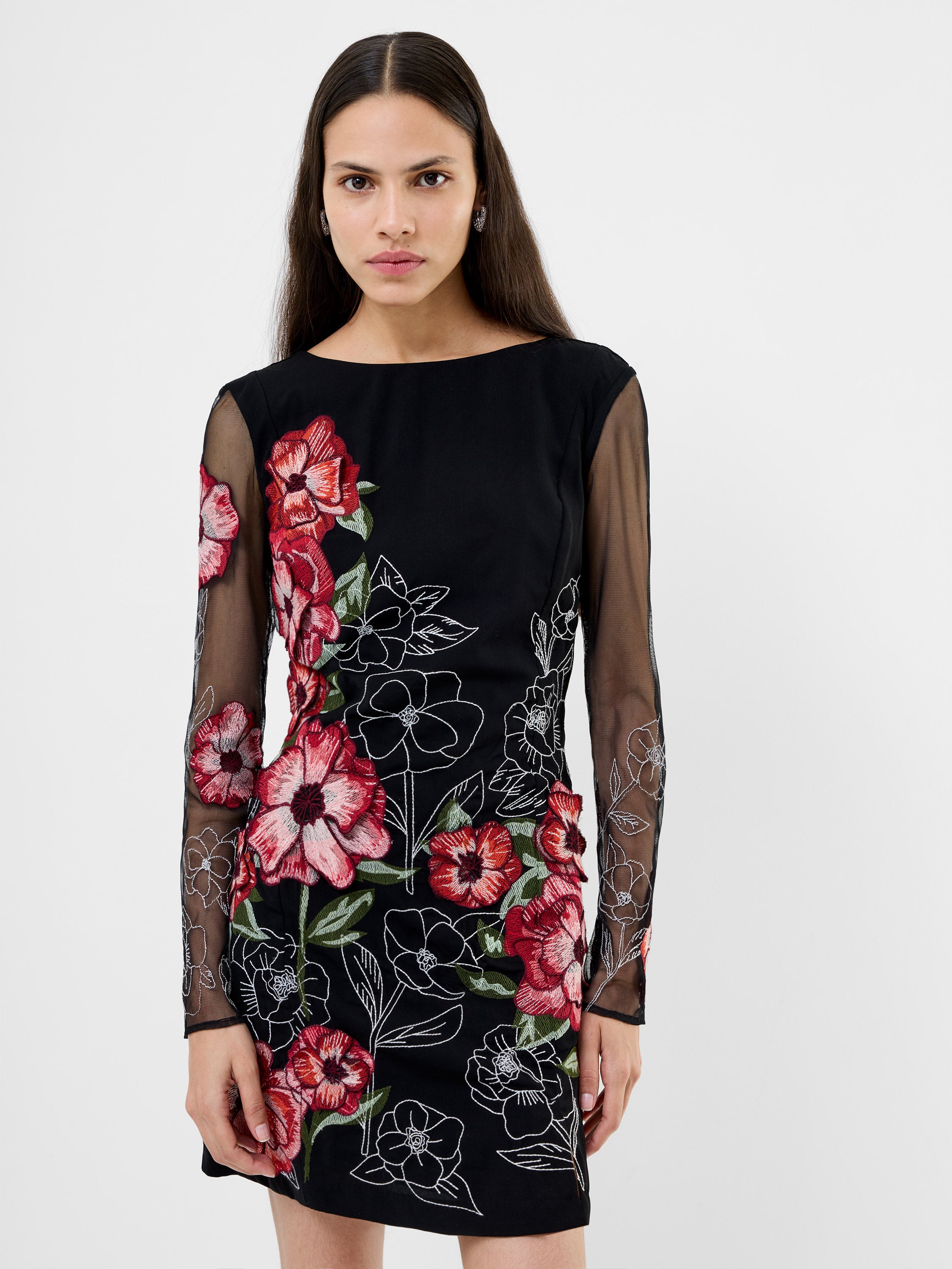 Astrida Darcy Crepe Embroidered Mini Dress Black Floral Multicoloured | French Connection UK Astrida Darcy Crepe Embroidered Mini Dress Black Floral Multicoloured | French Connection UK