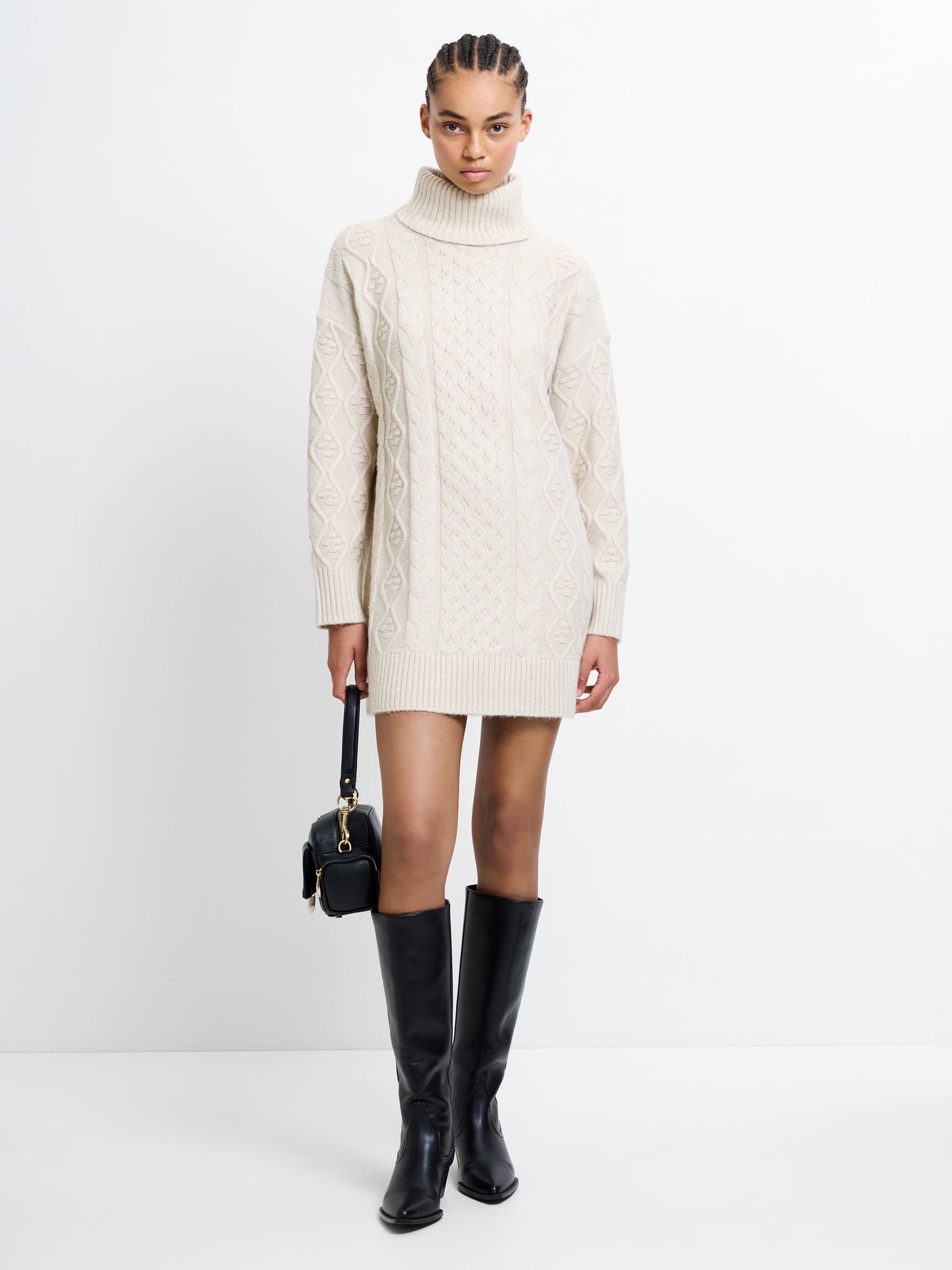 Makira Cable Knit Turtleneck Mini Dress Oatmeal Mel | French Connection UK Makira Cable Knit Turtleneck Mini Dress Oatmeal Mel | French Connection UK