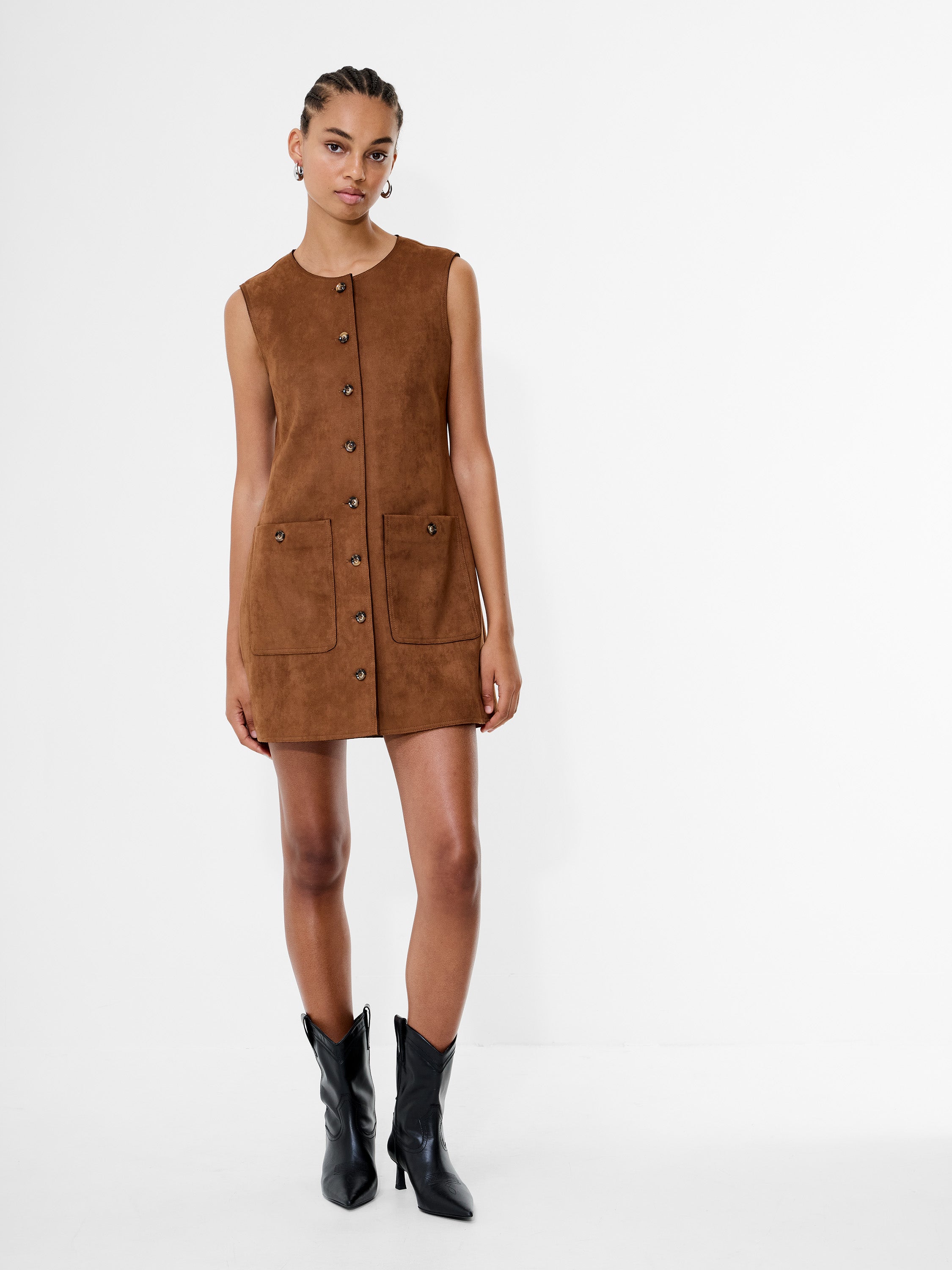 brown suede sleeveless dress Women's Honey Baby Sleeveless Faux Suede Mini Dress in Brown