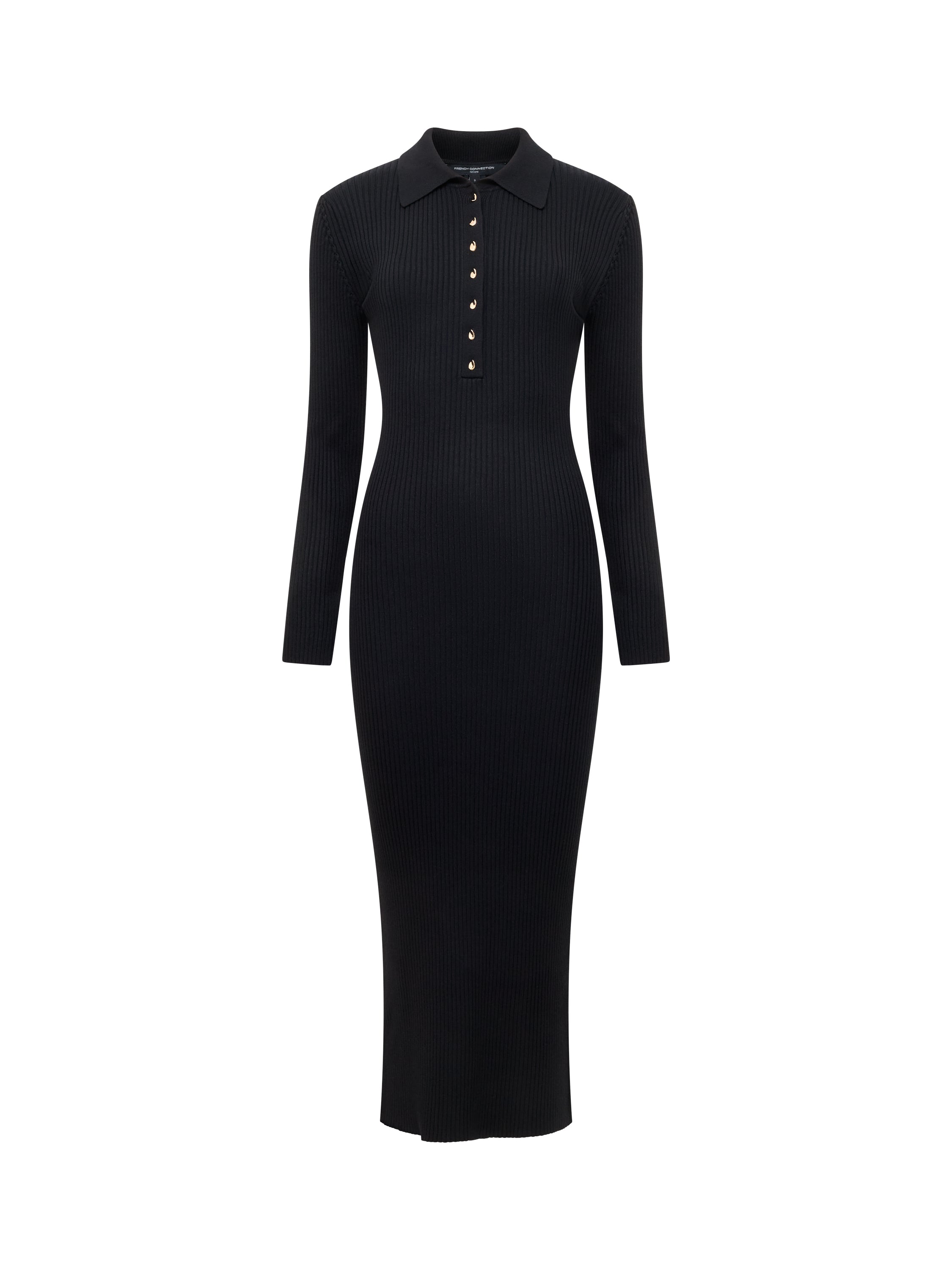 Mari Knit Long Sleeve Collared Midi Dress Black
