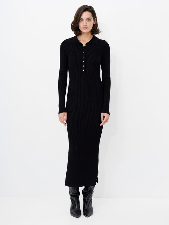 Mari Knit Long Sleeve Collared Midi Dress Black
