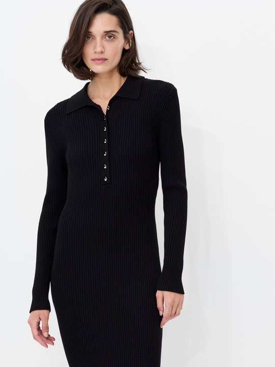 Mari Knit Long Sleeve Collared Midi Dress Black