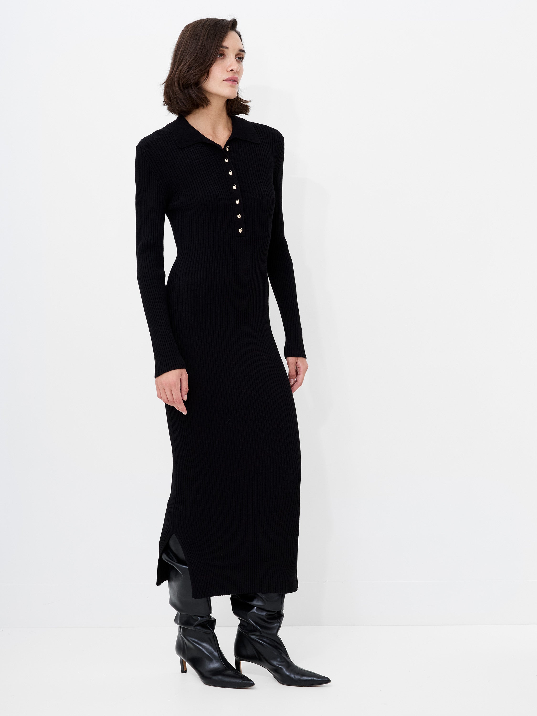 Mari Knit Long Sleeve Collared Midi Dress Black