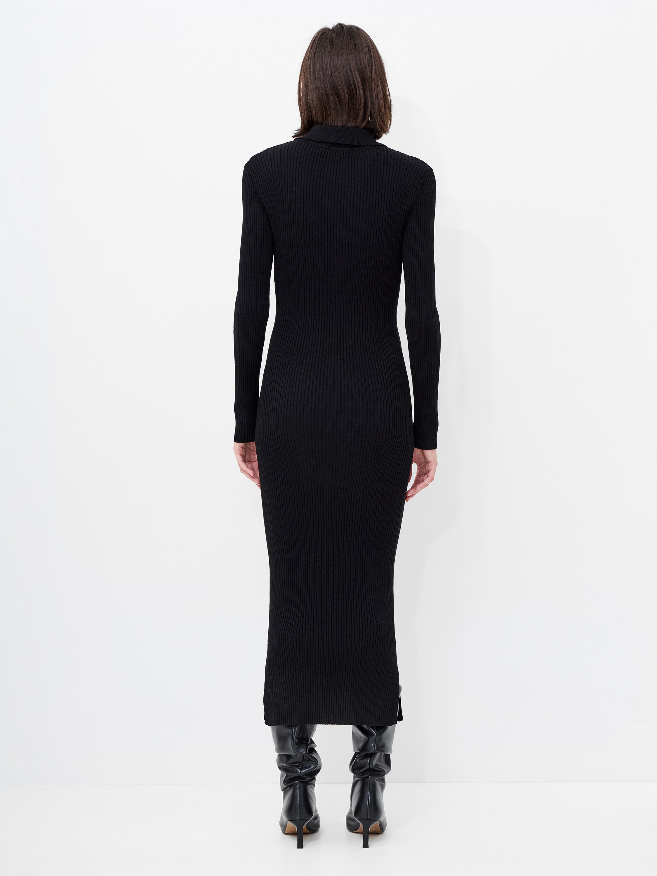Mari Knit Long Sleeve Collared Midi Dress Black