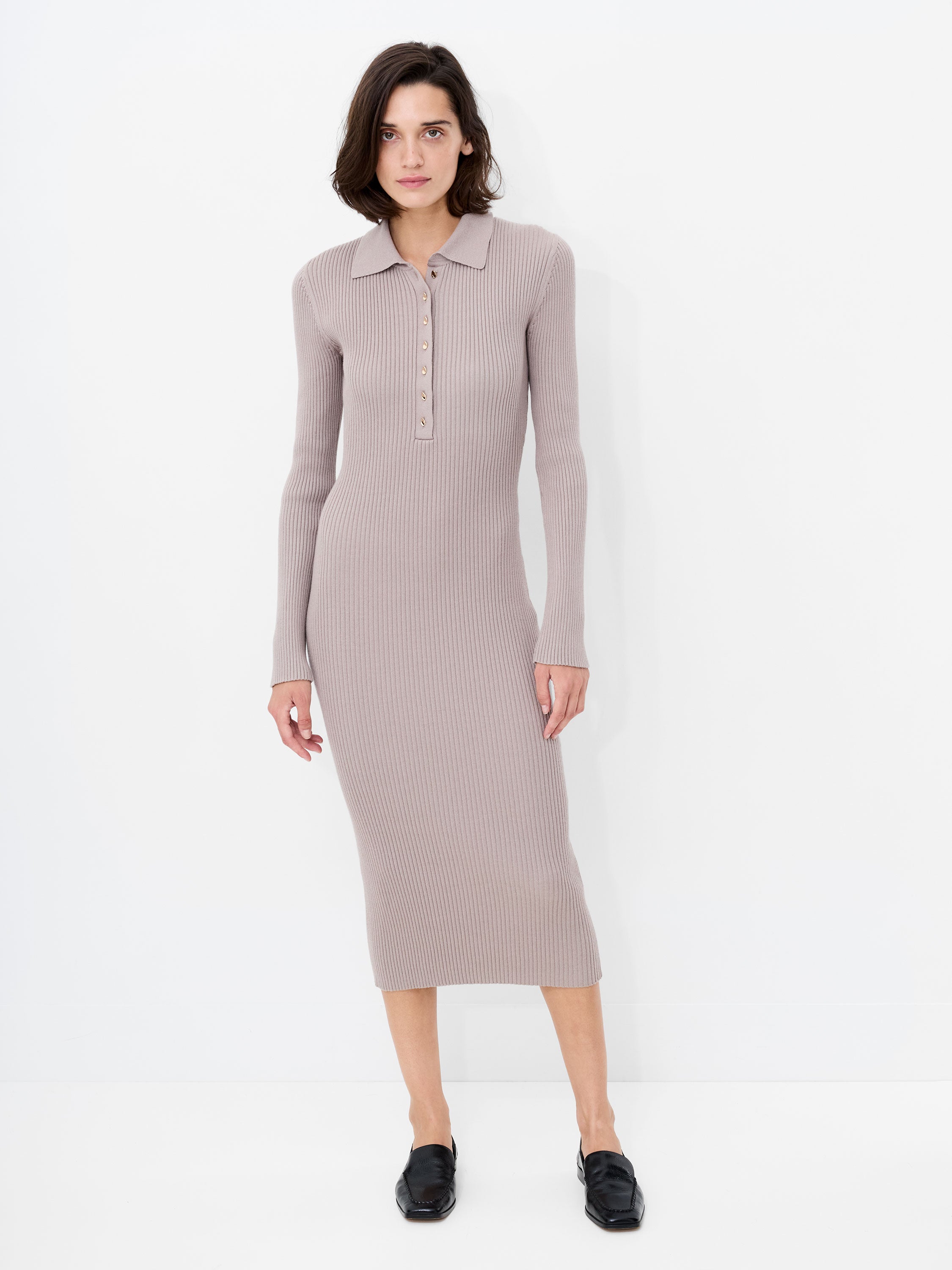 Mari Knit Long Sleeve Collared Midi Dress Black