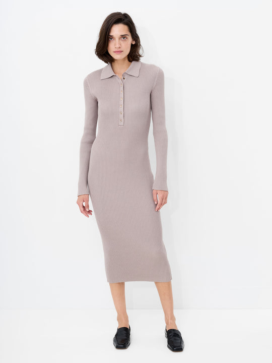 Mari Knit Long Sleeve Collared Midi Dress Black