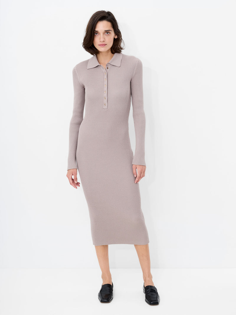 Mari Knit Long Sleeve Collared Midi Dress Black