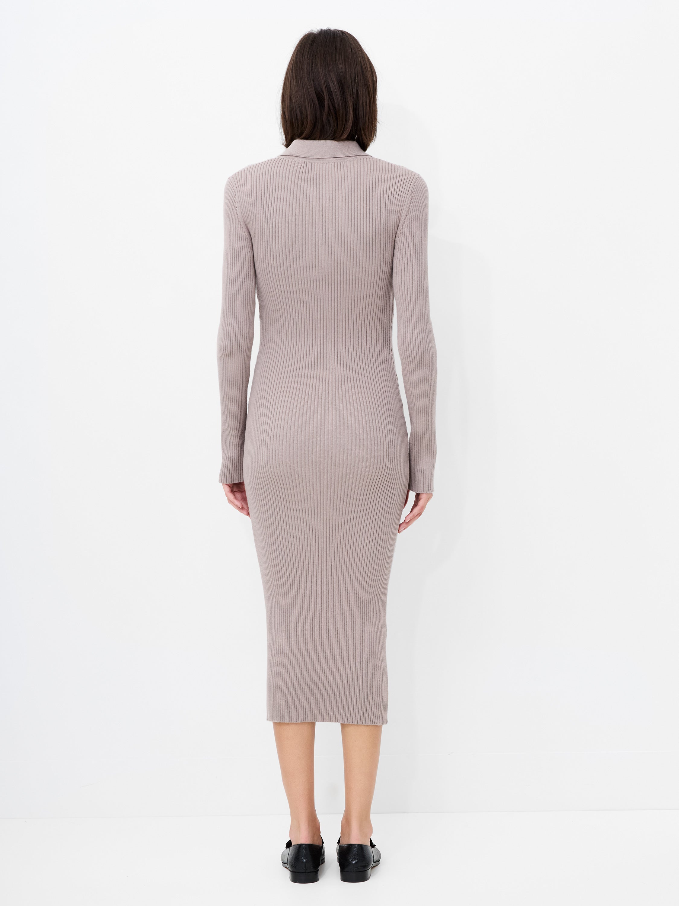 Mari Knit Long Sleeve Collared Midi Dress Black