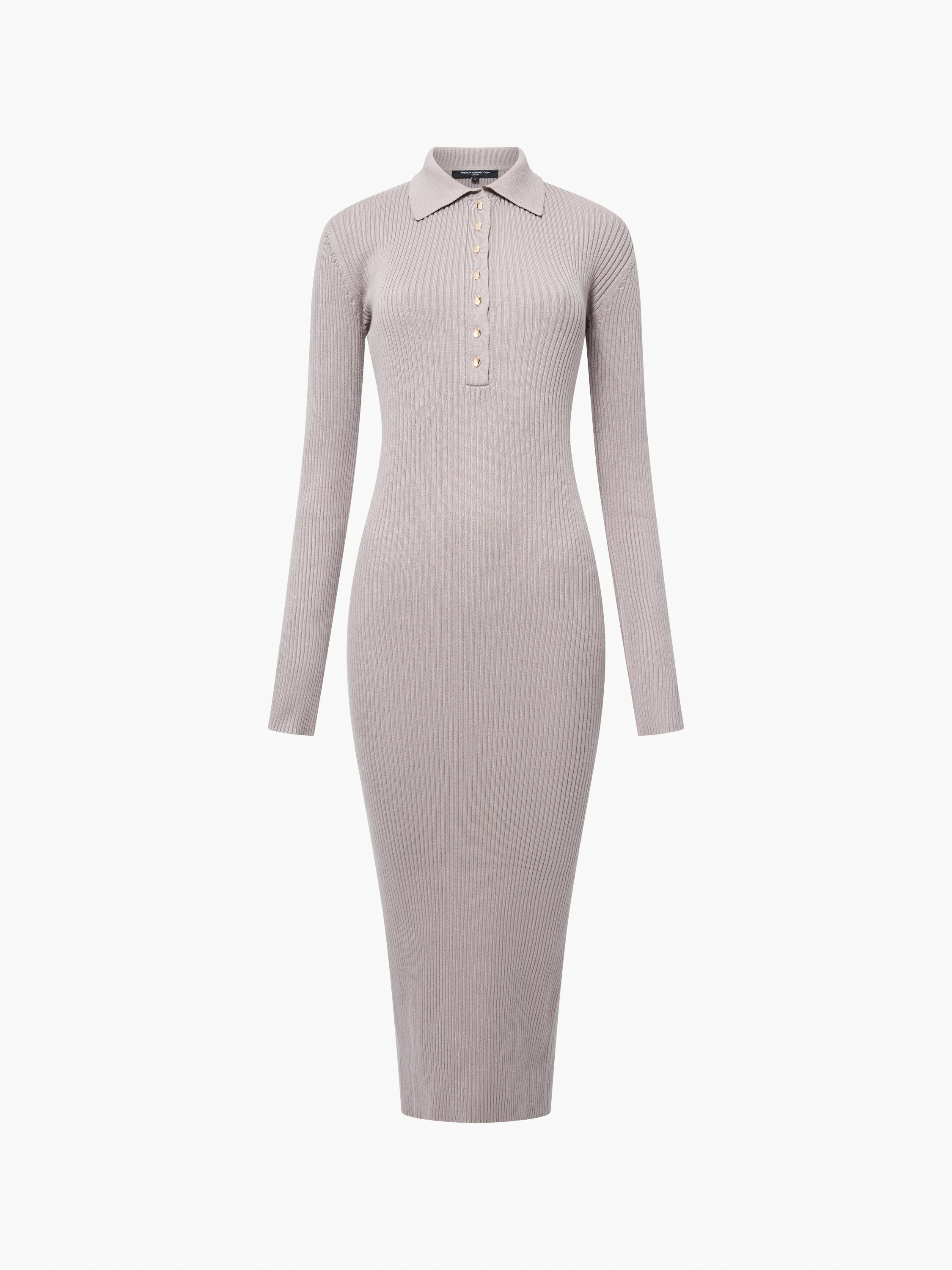 Mari Knit Long Sleeve Collared Midi Dress Black