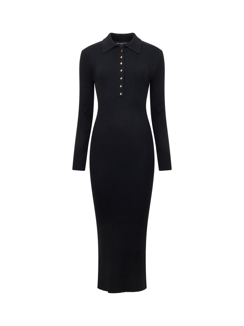 Mari Knit Long Sleeve Collared Midi Dress Black