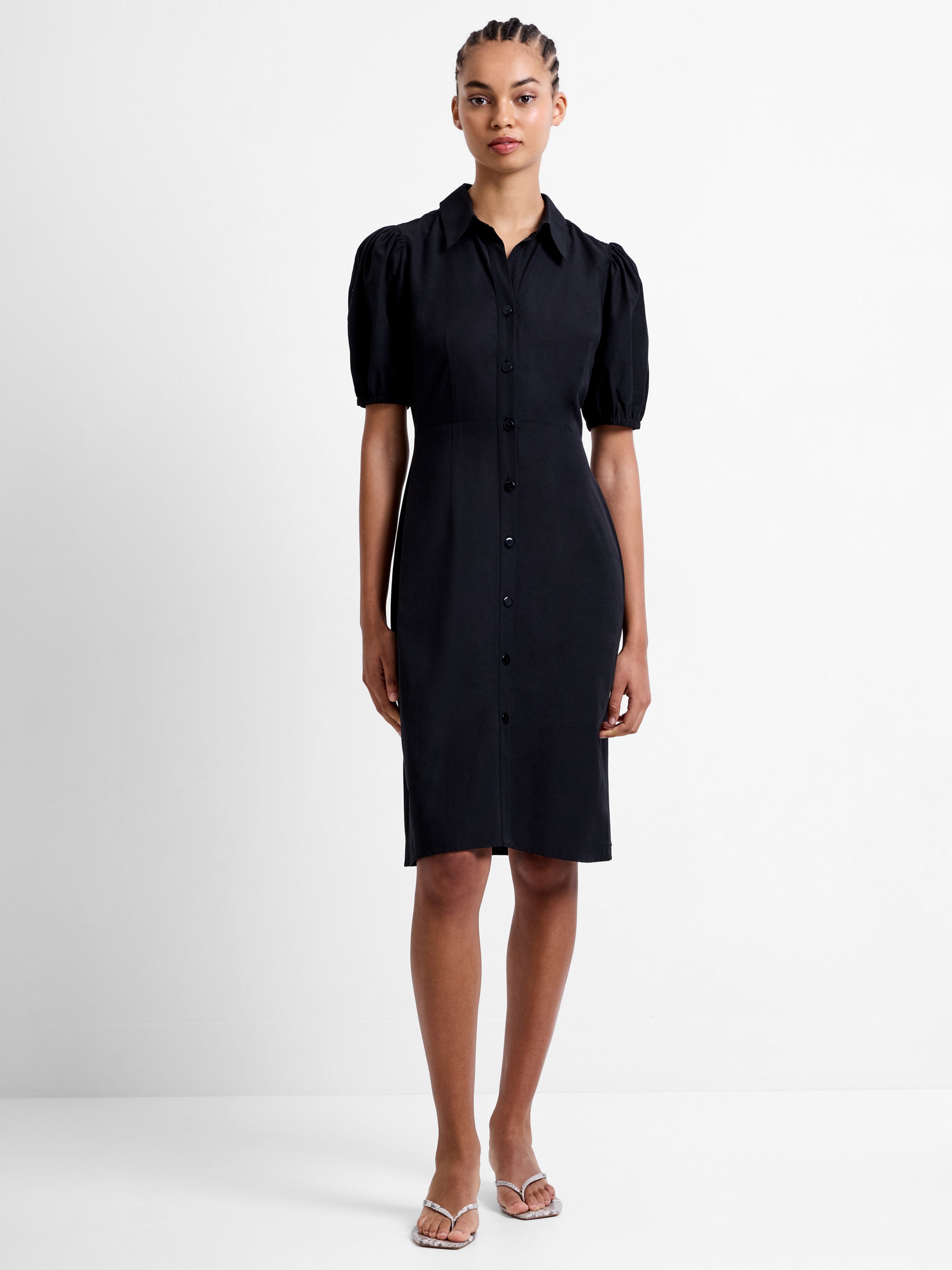 Cotton Poplin Puff Sleeve Button Up Dress Black French Connection UK