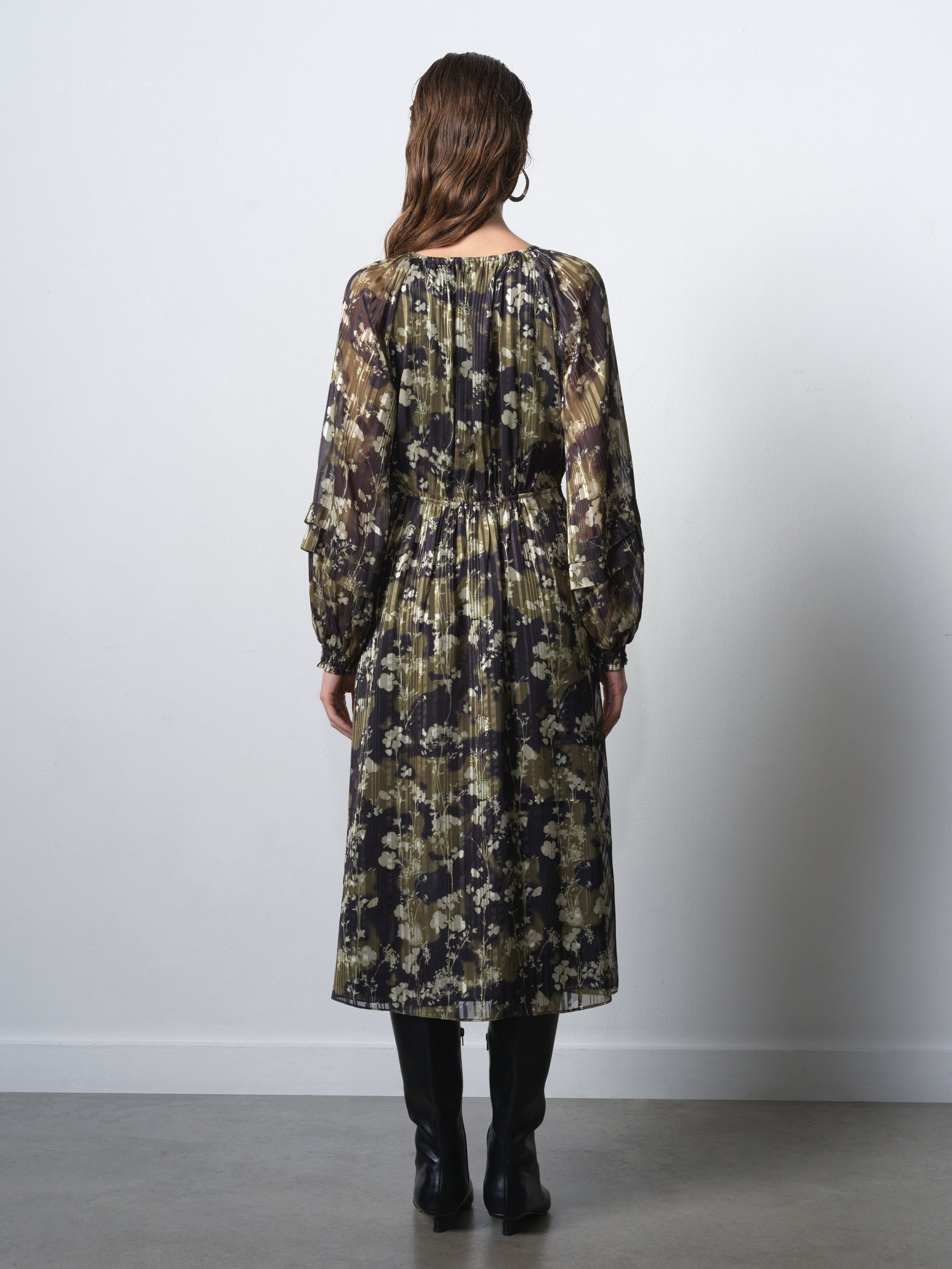 french connection ladies puff sleeve maxi dress Lizzy Madeline Crepe Puff Sleeve Dress Green Multi Floral Print