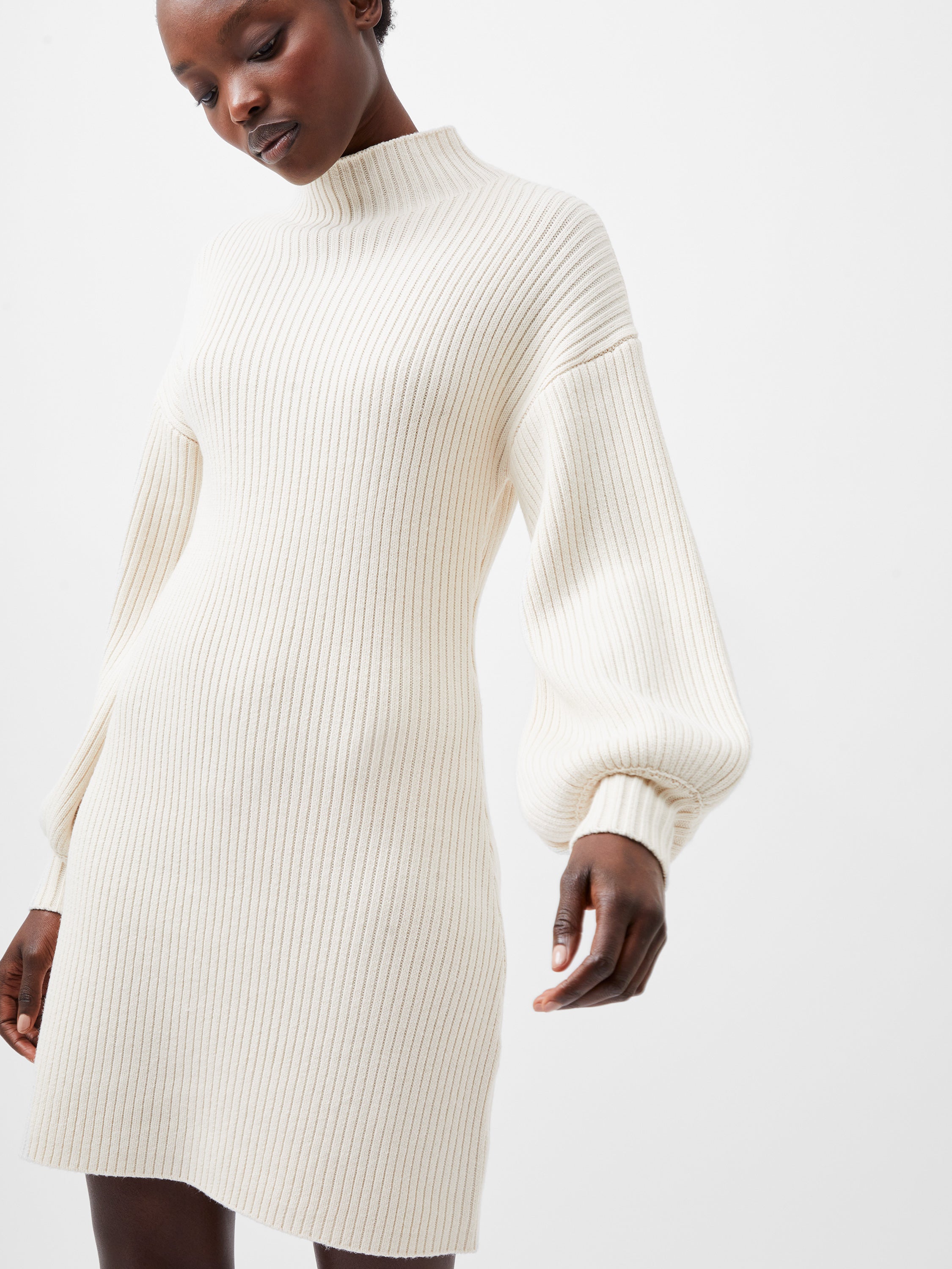 babysoft rib button front long sleeve sweater dress french connection Babysoft Bishop Sleeve Knitted Dress Classic Cream