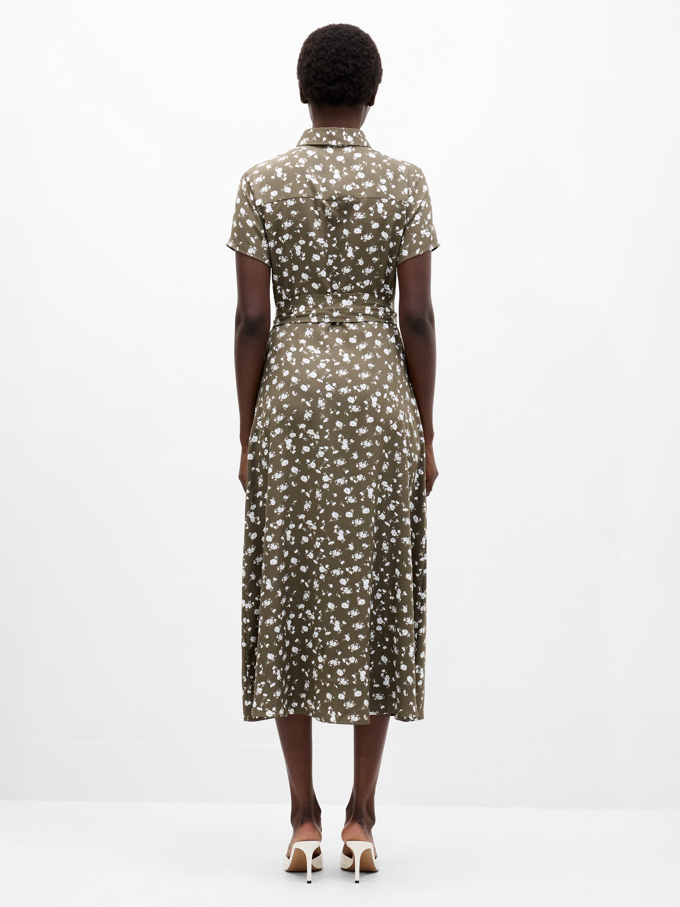 Floral Printed Short Sleeve Shirt Dress Khaki Green/White