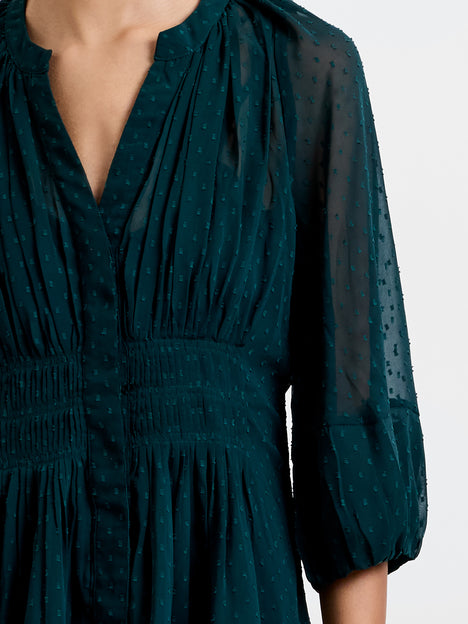 Dobby Pleated Waist Mini Dress Forest Green