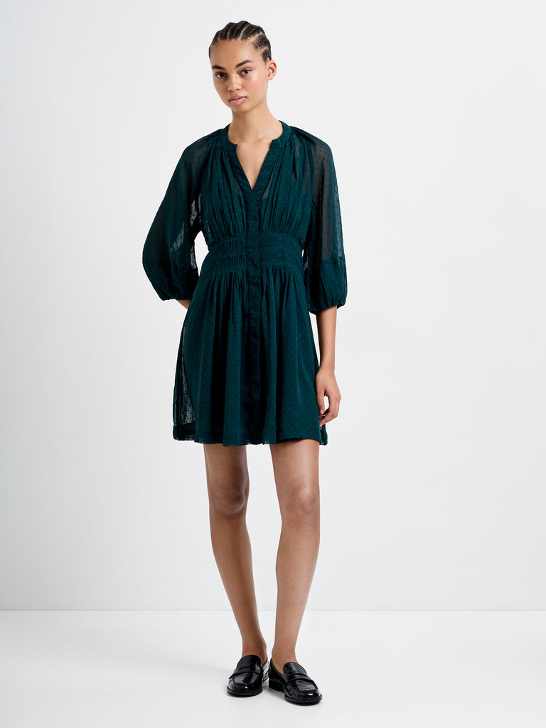 dobby mesh pleated detail smock dress Dobby Pleated Waist Mini Dress Forest Green