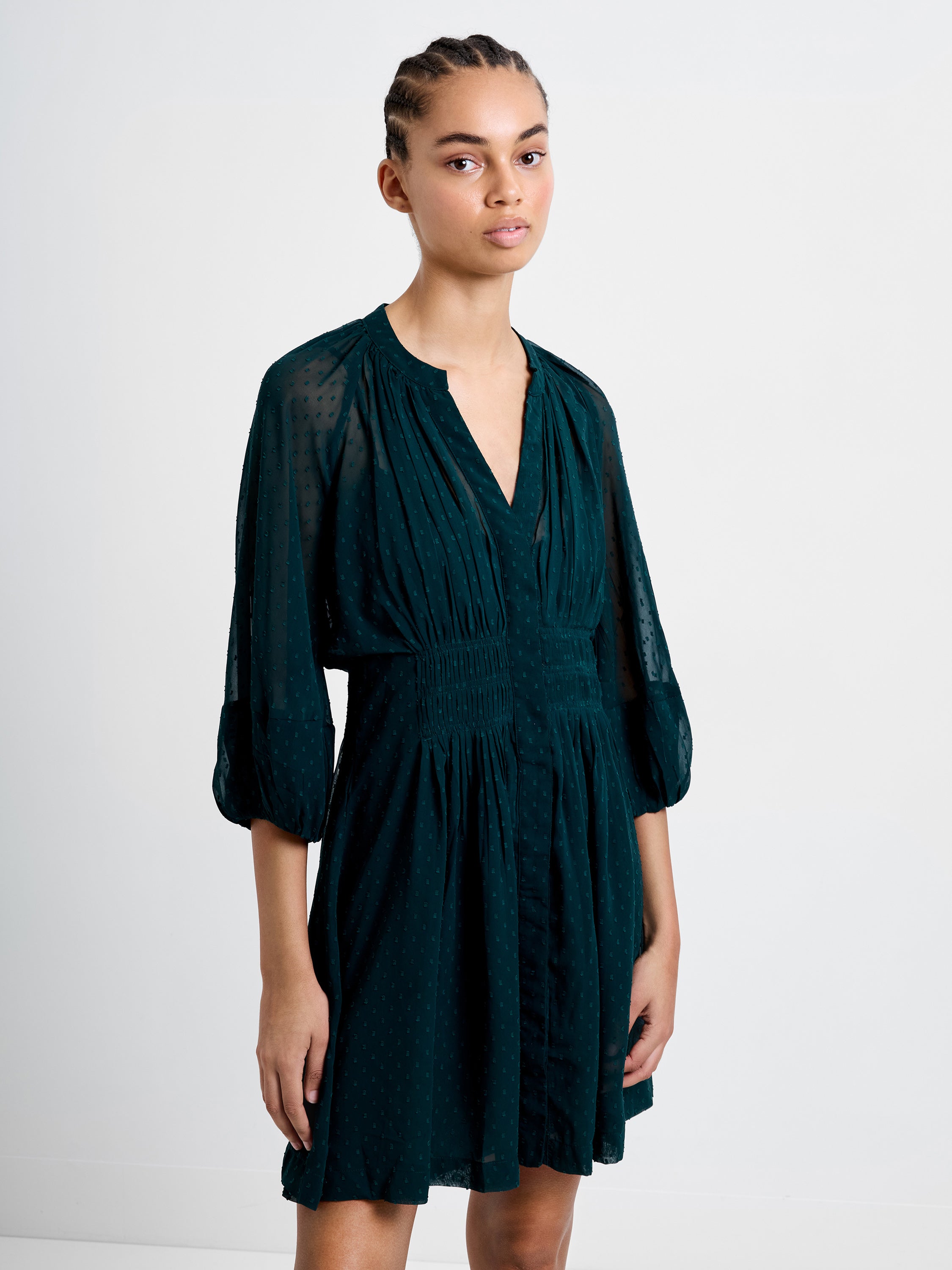 Dobby Pleated Waist Mini Dress Forest Green | French Connection UK