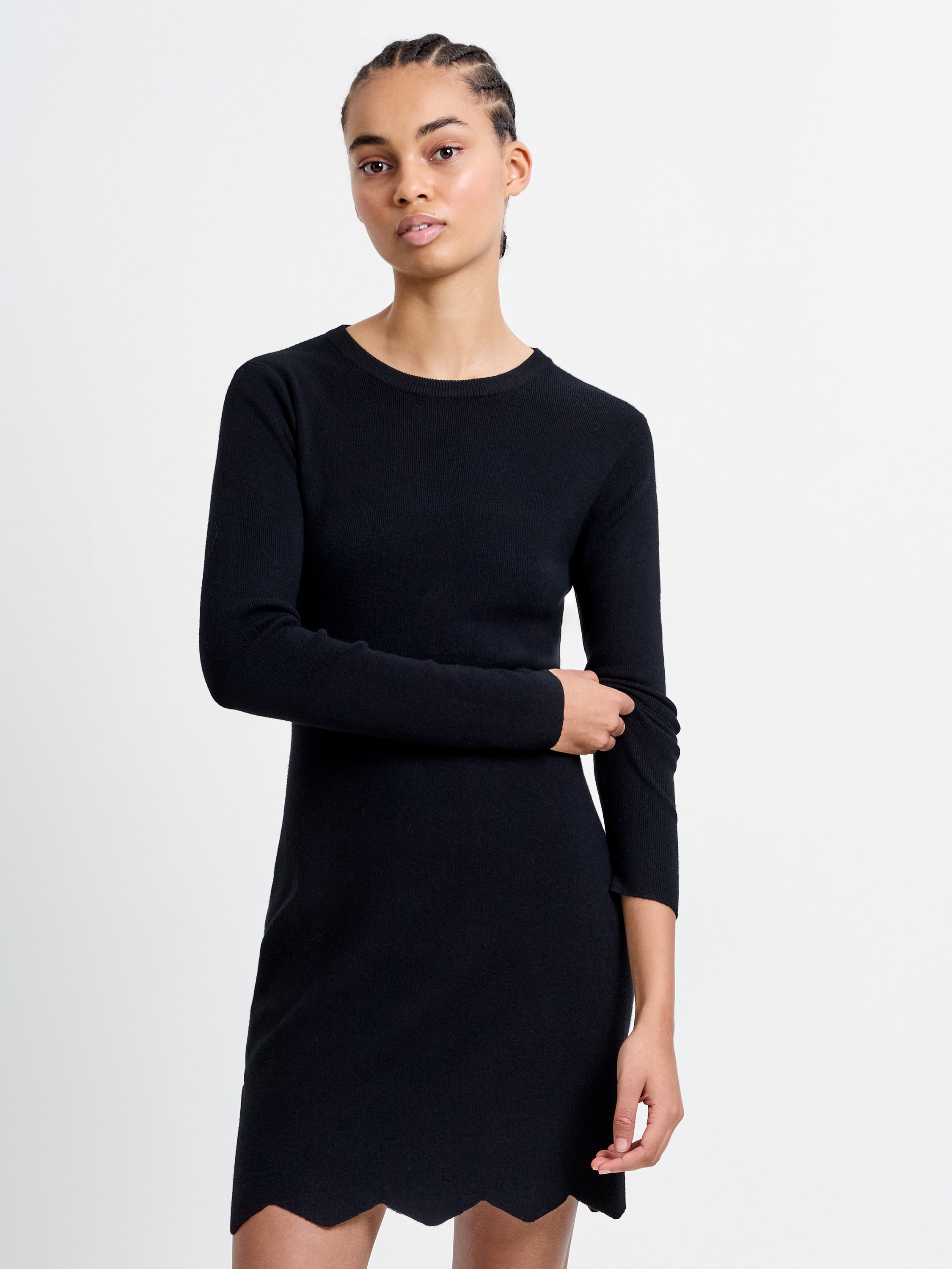 Cosy Knit Scallop Hem Long Sleeve Dress Black French Connection UK