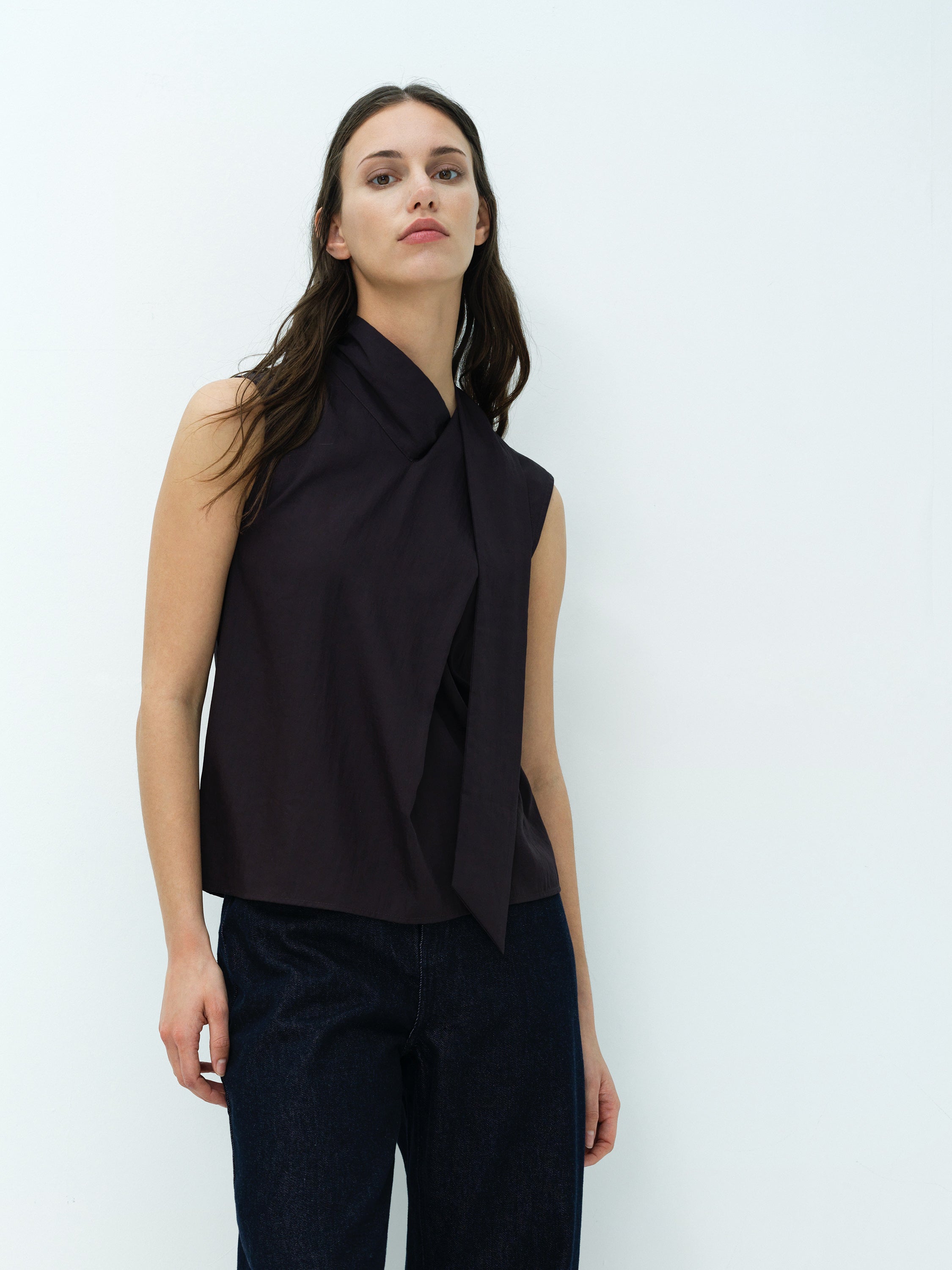 Leela Brown Sleeveless Scarf Neck Top