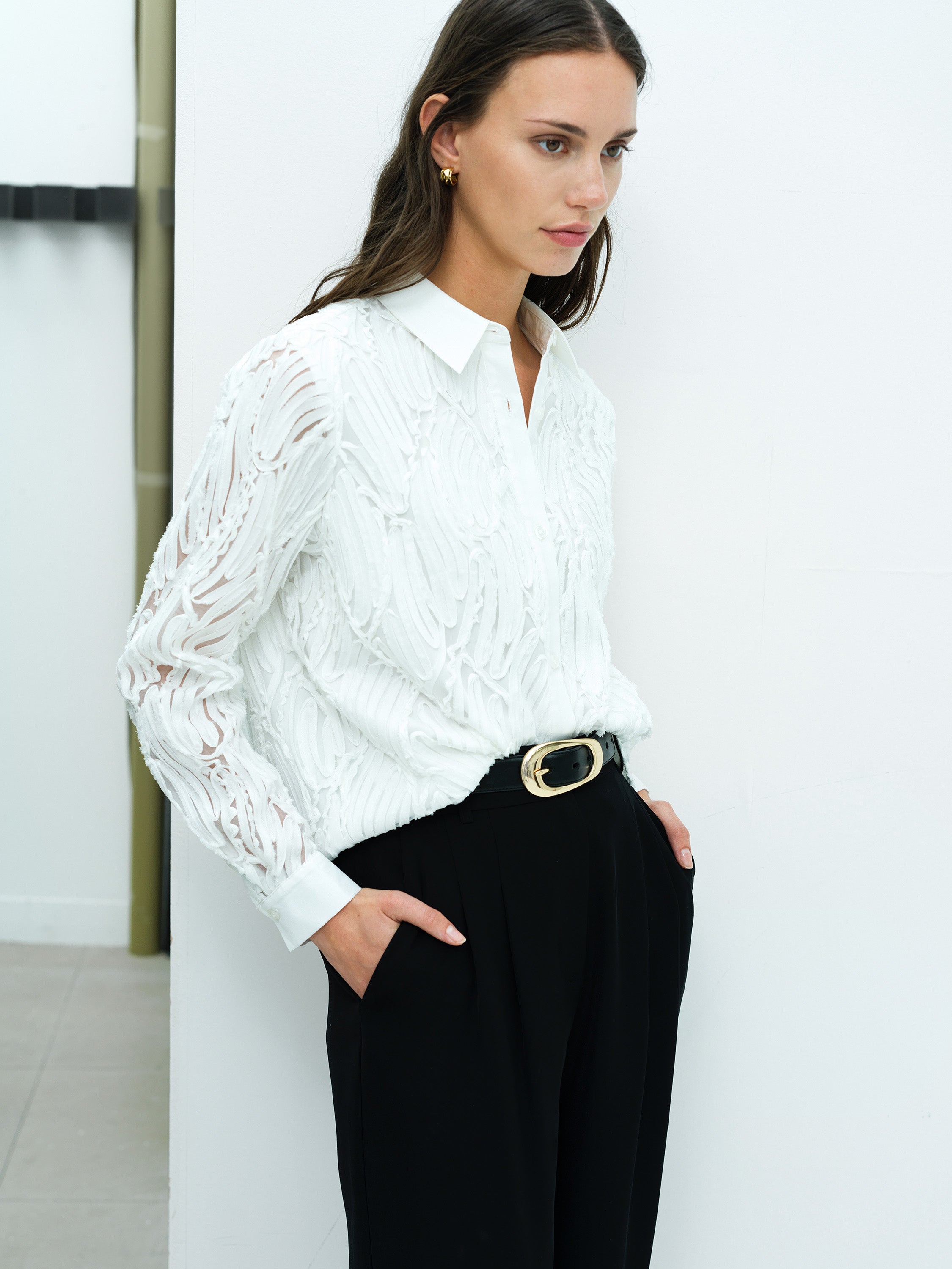 Margot White 3D Textured Long Sleeve Shirt