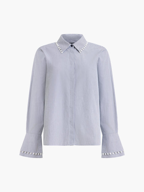 Cambria Cotton Pearl Trim Navy Stripe Shirt