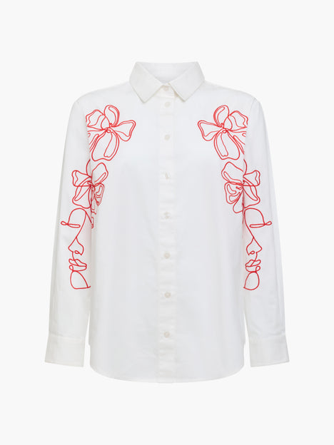 Alexis Cotton Floral Outline Embroidered White Shirt