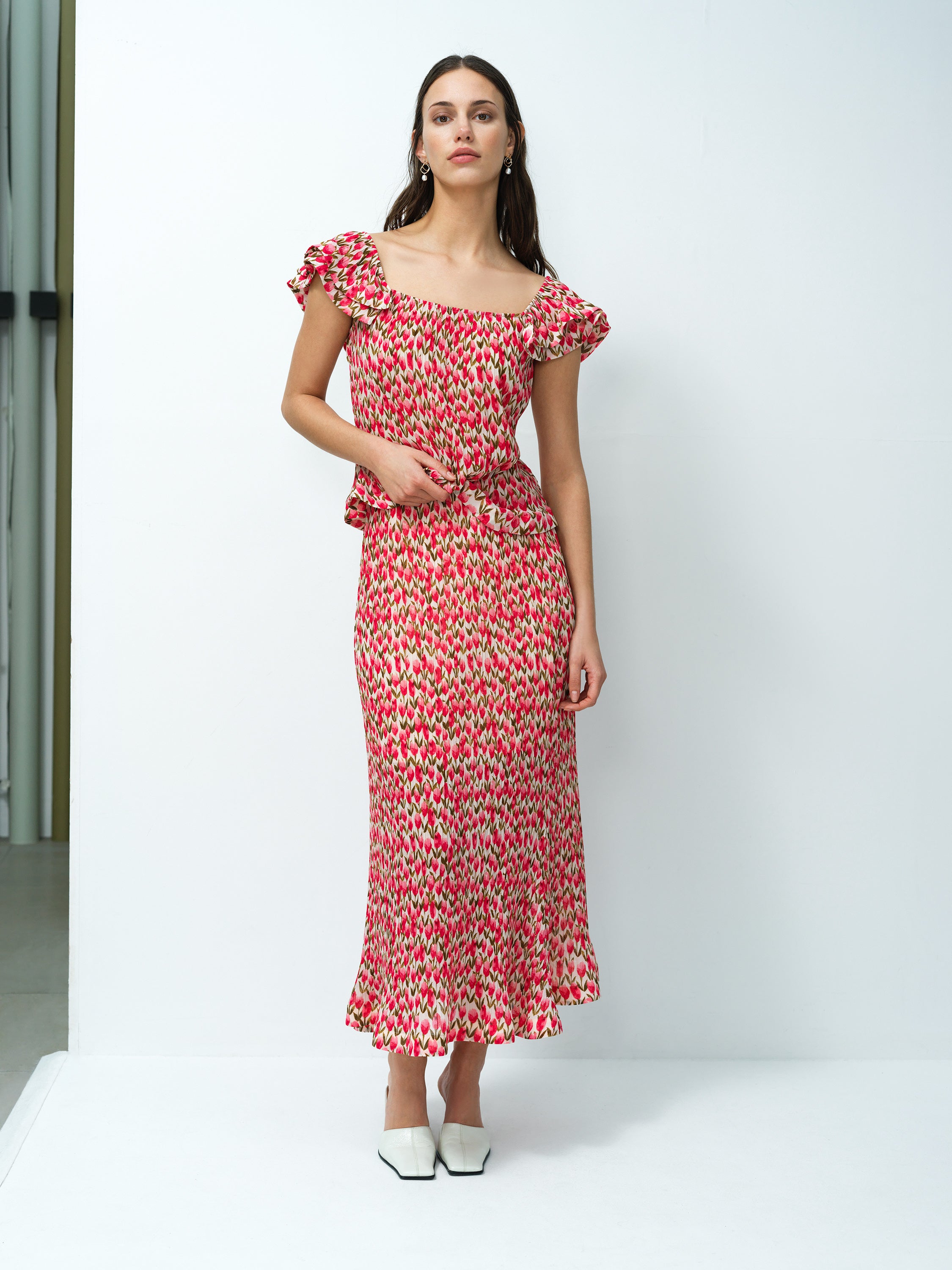 Noelle Floral Plisse Ruffle Peplum Top