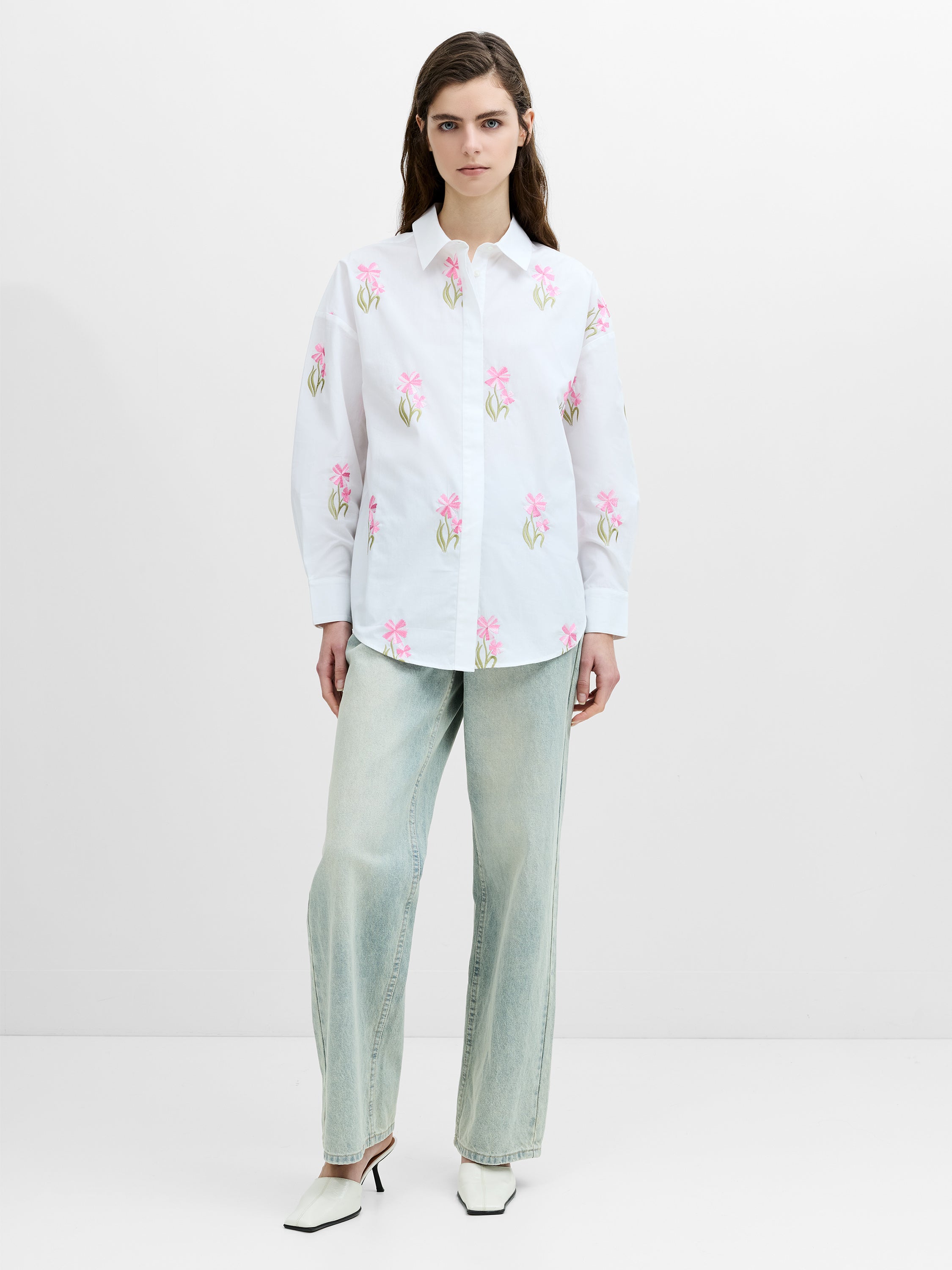 Cambria Cotton Embroidered Floral White Shirt