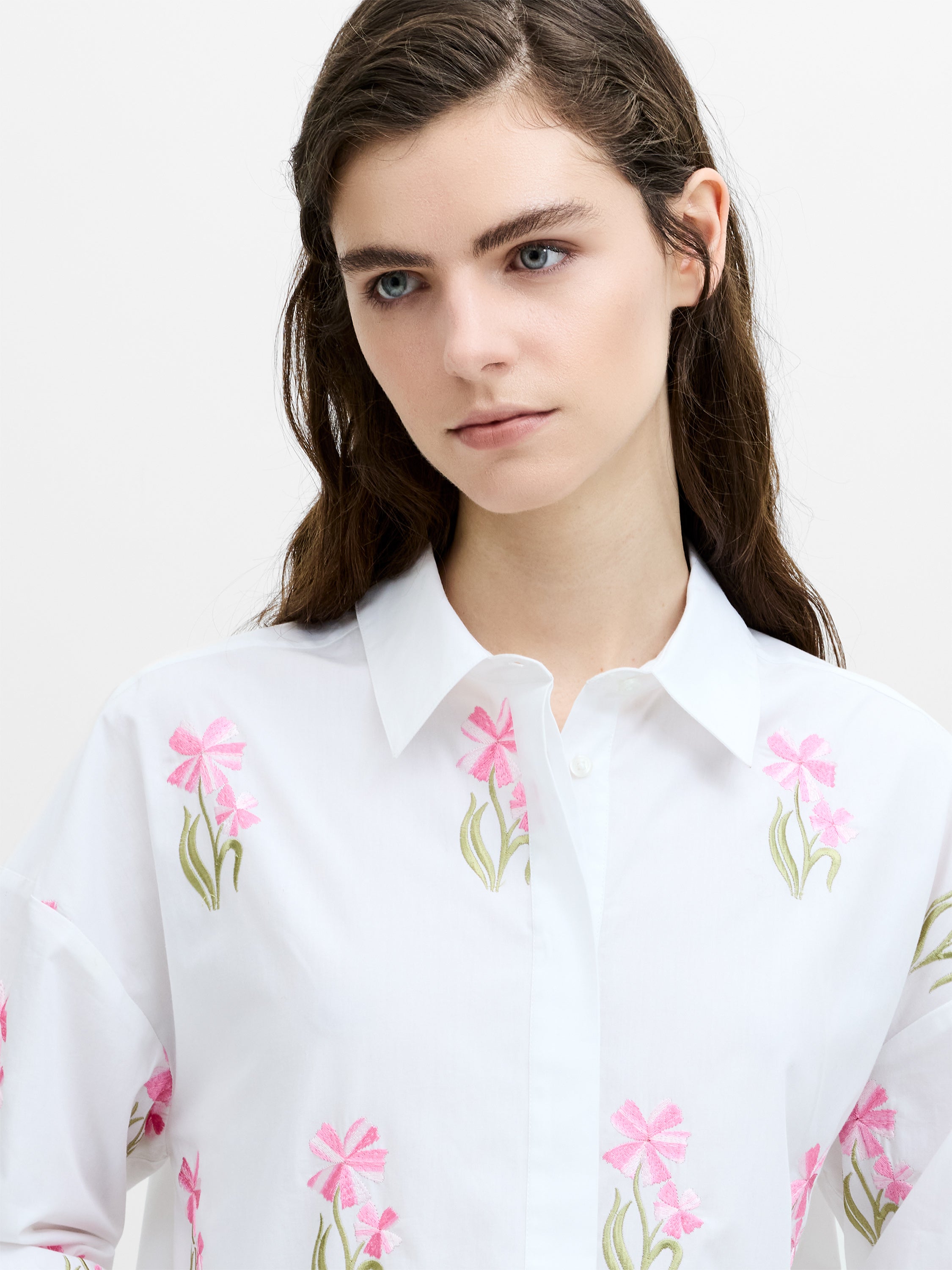 Cambria Cotton Embroidered Floral White Shirt