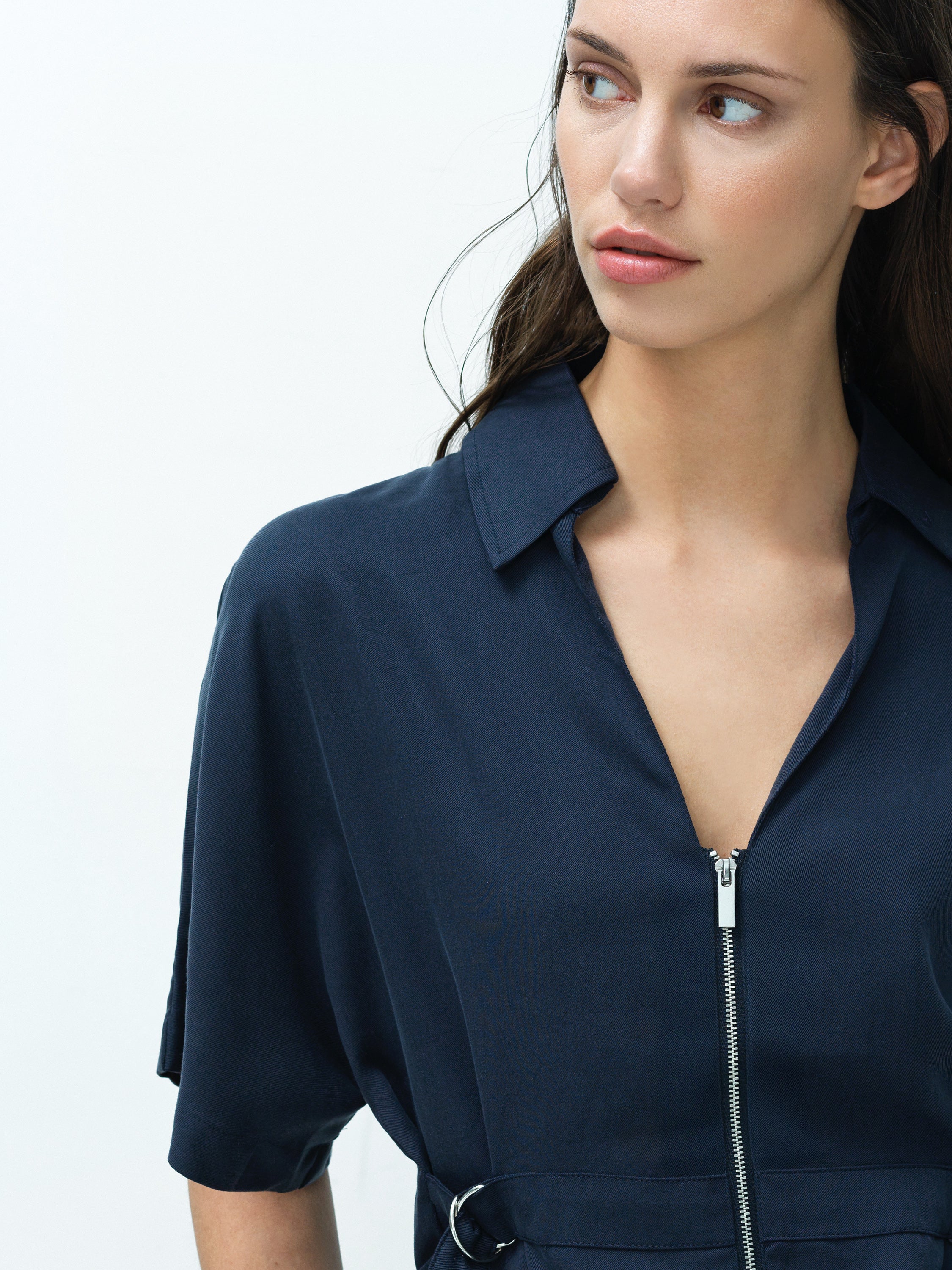 Yassie Utility Zip Front Tie Waist Navy Blue Shirt