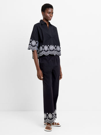 Alissa Cotton Embroidered Hem Popover Shirt