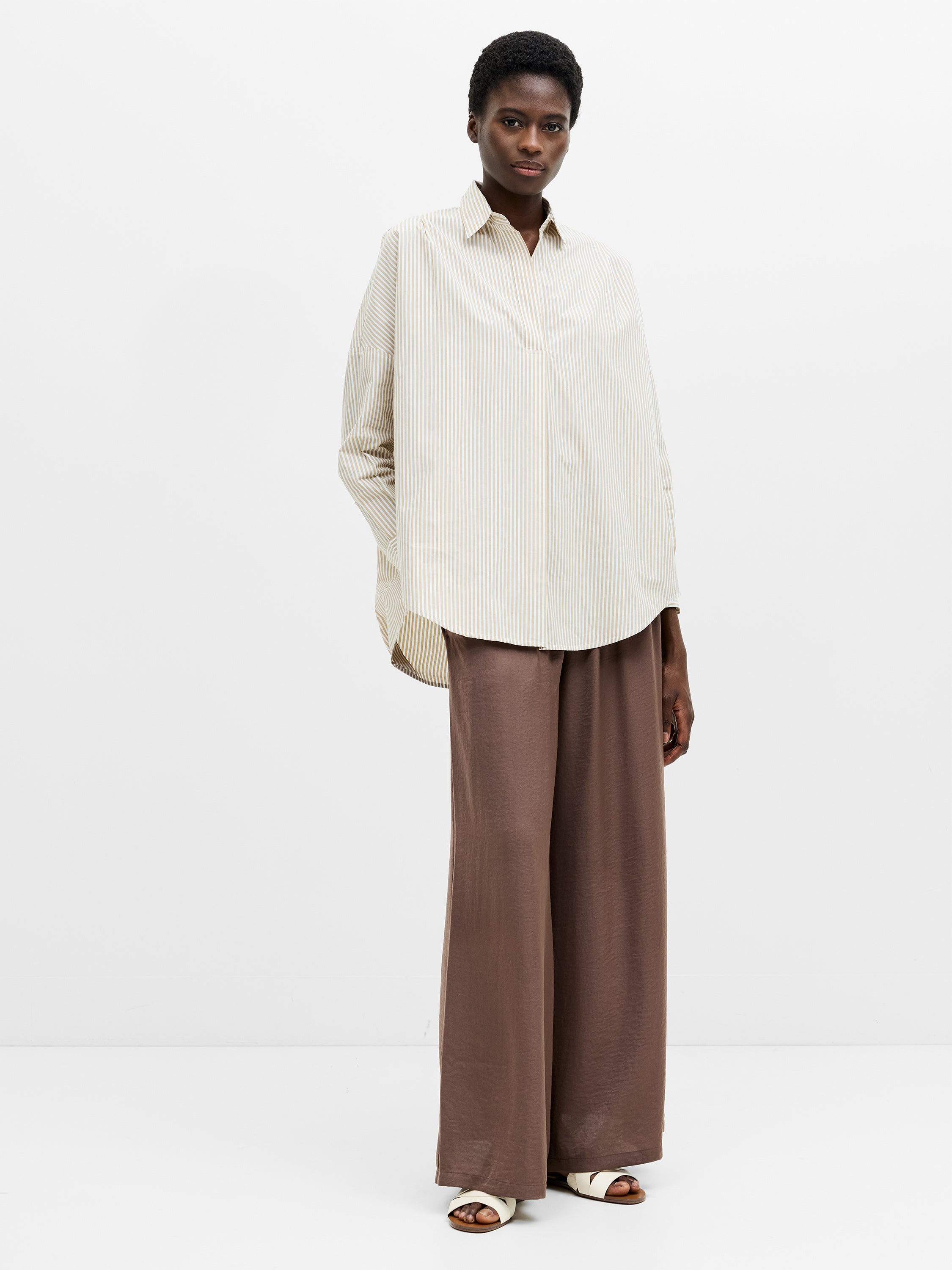Striped Poplin Long Sleeve Popover Shirt Incense/white | French