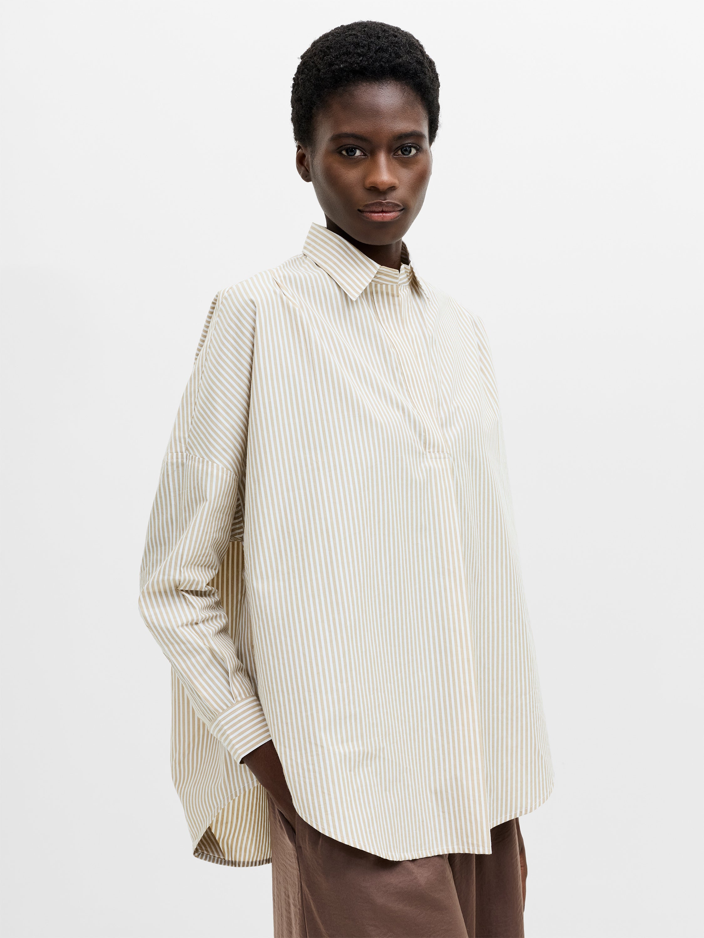Striped Poplin Long Sleeve Popover Shirt