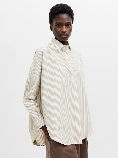 Striped Poplin Long Sleeve Popover Shirt Incense/white | French
