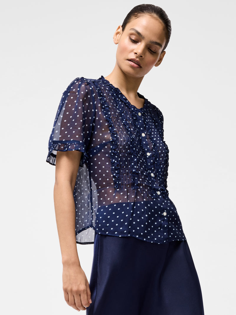 Polka Dot Short Sleeve Ruffle Blouse