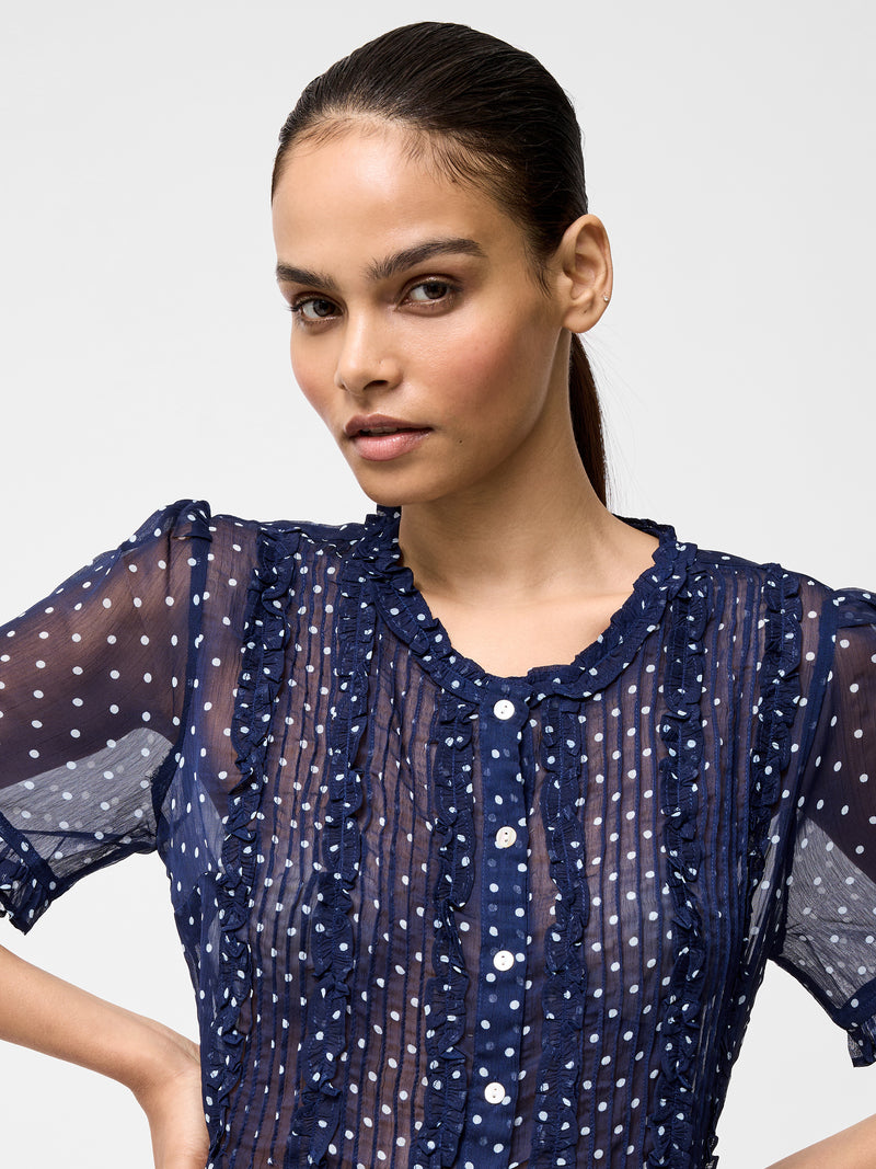 Polka Dot Short Sleeve Ruffle Blouse