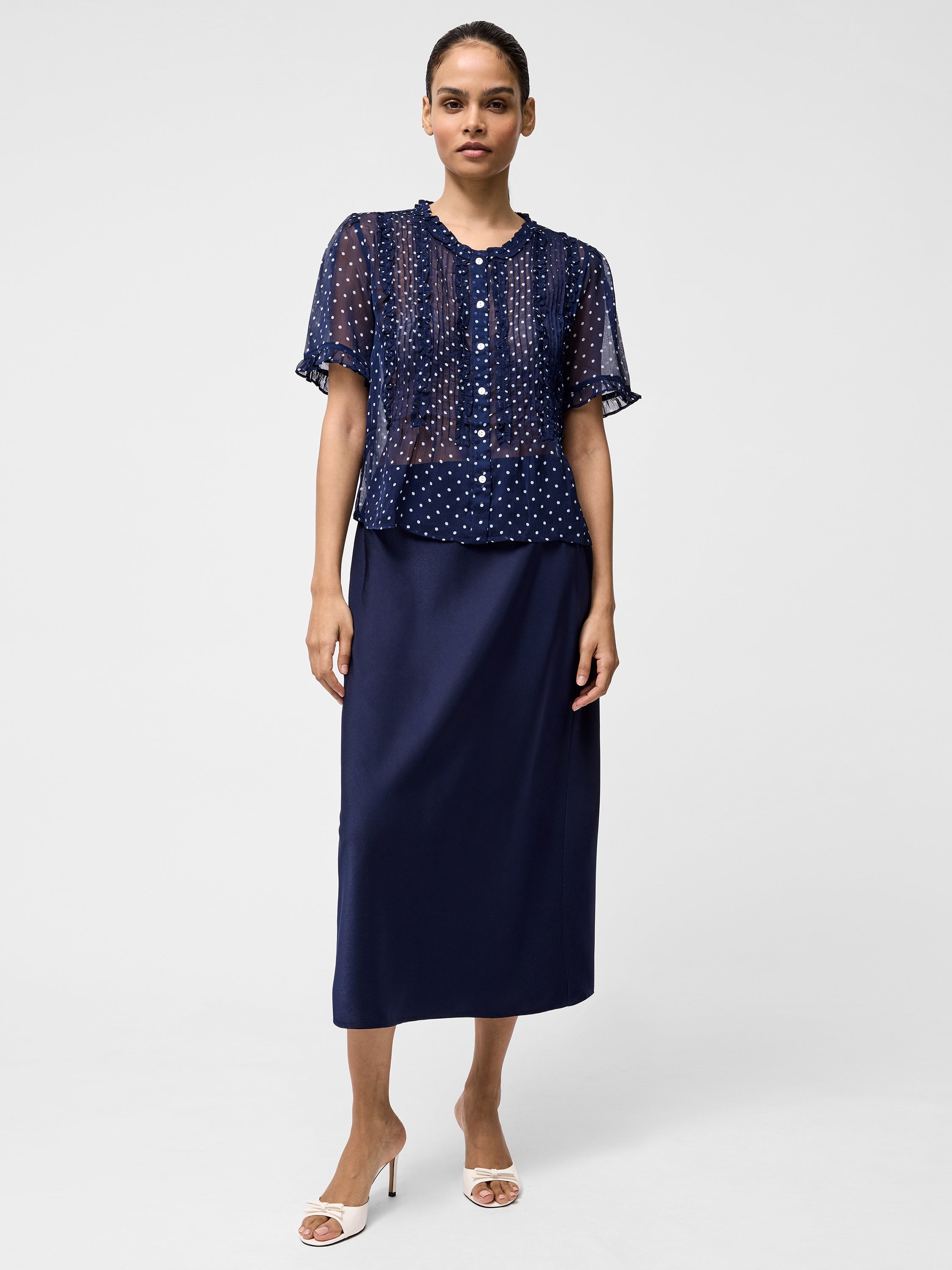 Polka Dot Short Sleeve Ruffle Blouse