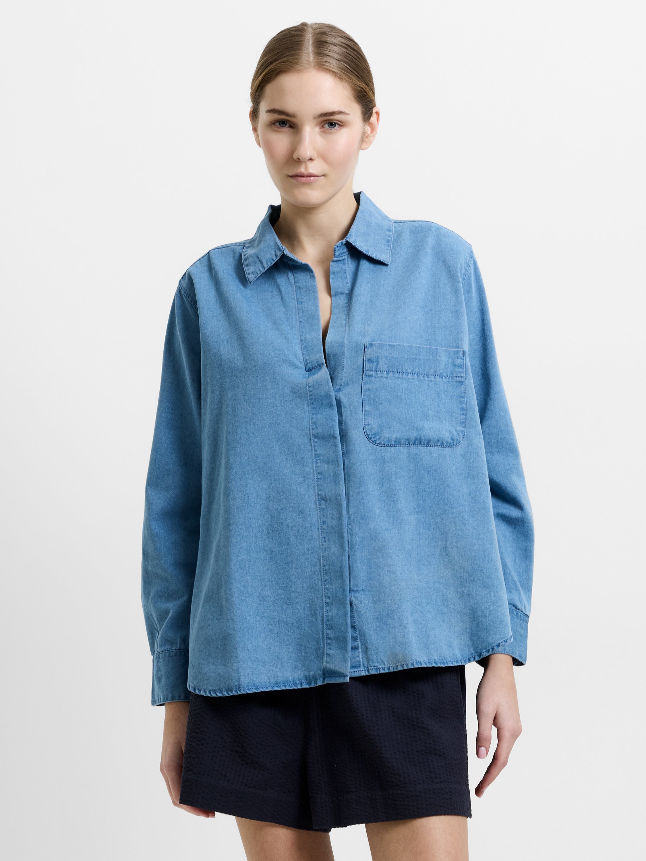 Chambray Denim Long Sleeve Shirt Light Wash Chambray Blue | French