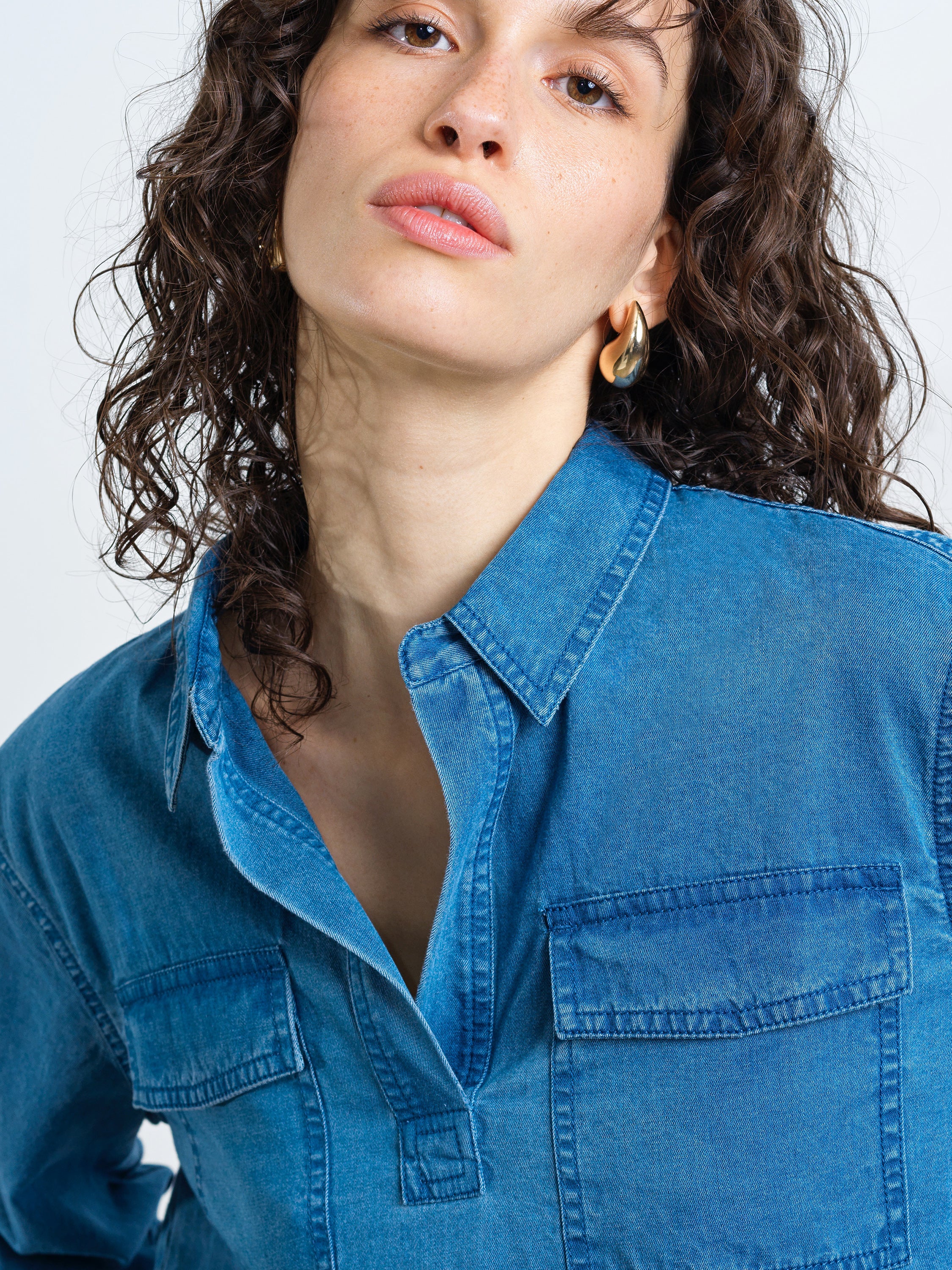 Zaves Chambray Denim Blue Pocket Popover Shirt