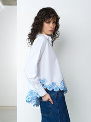 Cambria Cotton Floral Embroidered Hem White Shirt