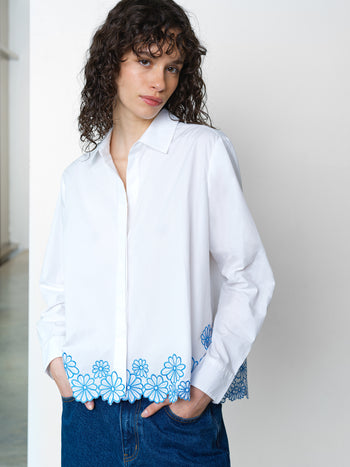 Cambria Cotton Floral Embroidered Hem Shirt