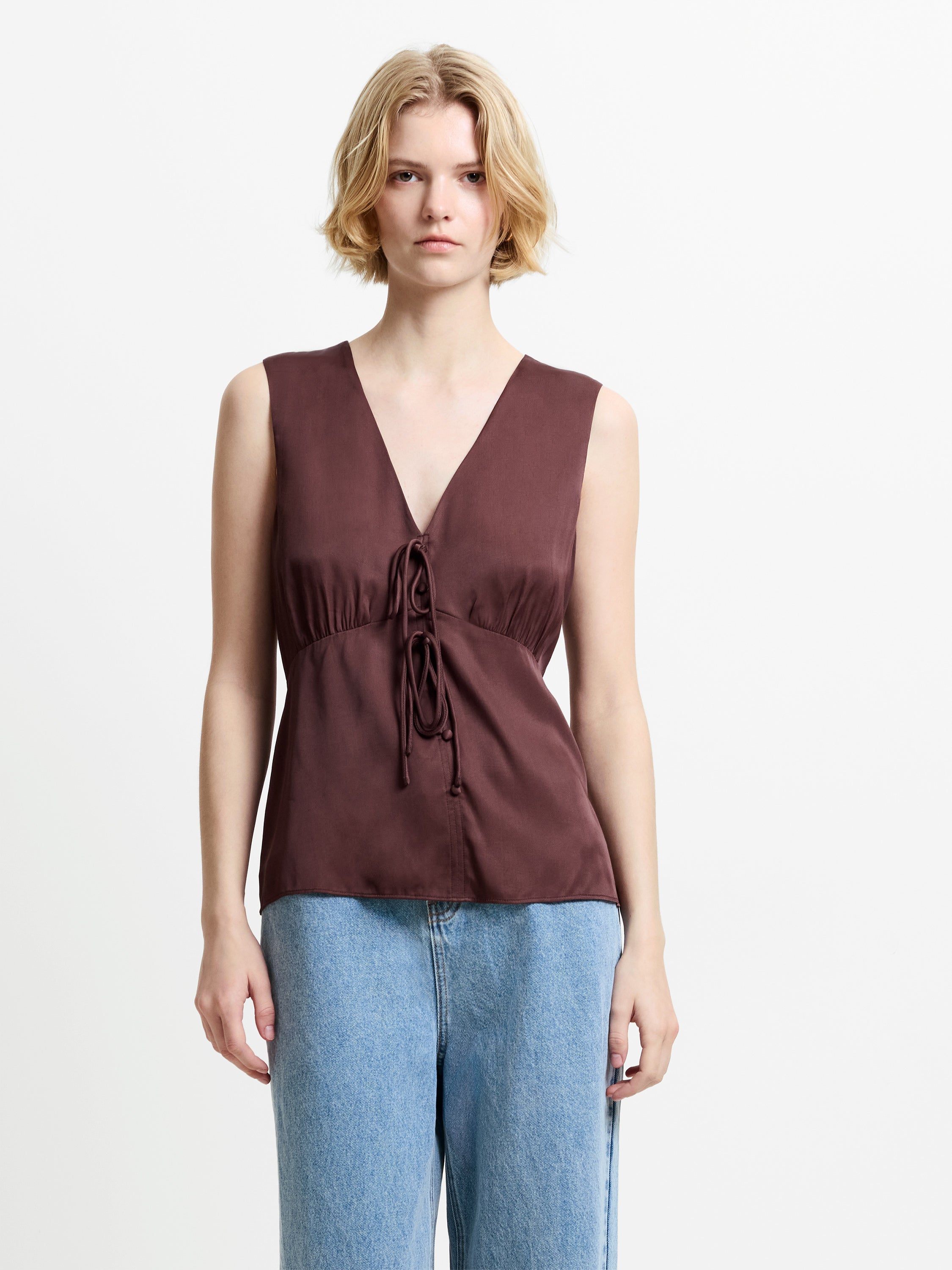 Candice Satin Bow Tie Up Top Espresso Brown | French Connection UK