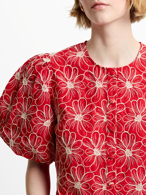 Rory Cotton Floral Embroidered Puff Sleeve Red Top