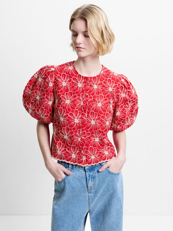 Rory Cotton Embroidered Puff Sleeve Top