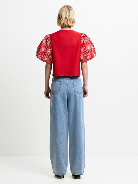 Rory Cotton Floral Embroidered Puff Sleeve Red Top