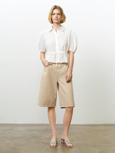Shanaya Puff Sleeve Seersucker Drawstring White Shirt