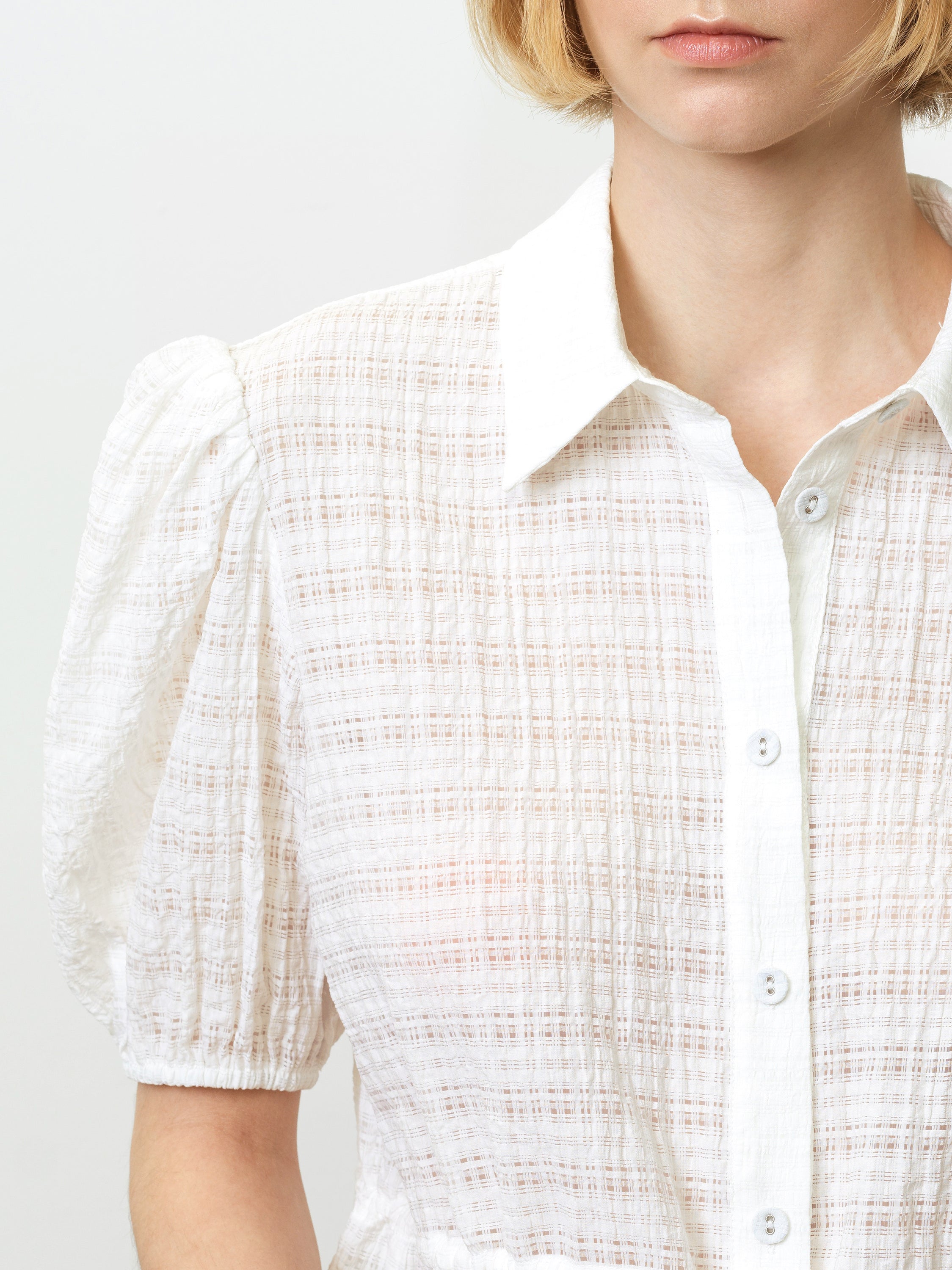 Shanaya Puff Sleeve Seersucker Drawstring White Shirt
