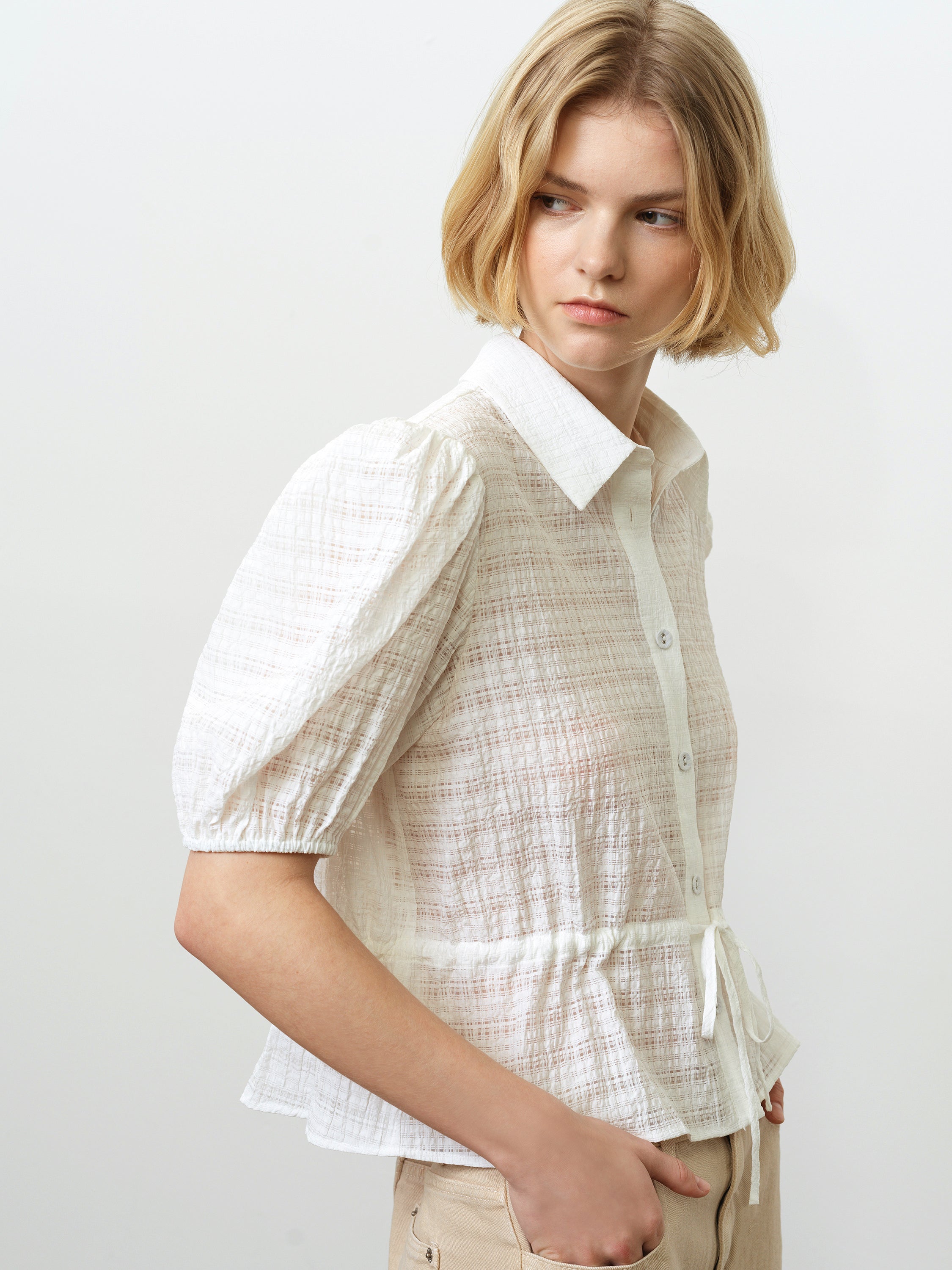 Shanaya Puff Sleeve Seersucker Drawstring White Shirt