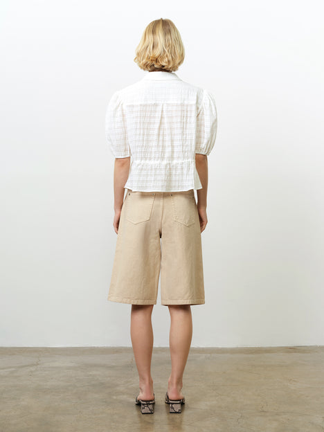 Shanaya Puff Sleeve Seersucker Drawstring White Shirt
