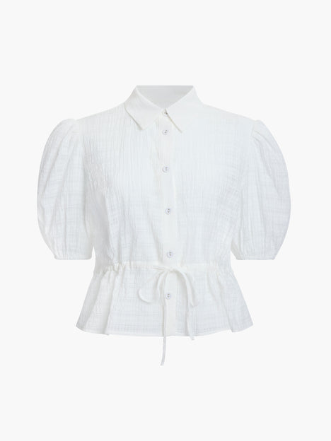 Shanaya Puff Sleeve Seersucker Drawstring White Shirt